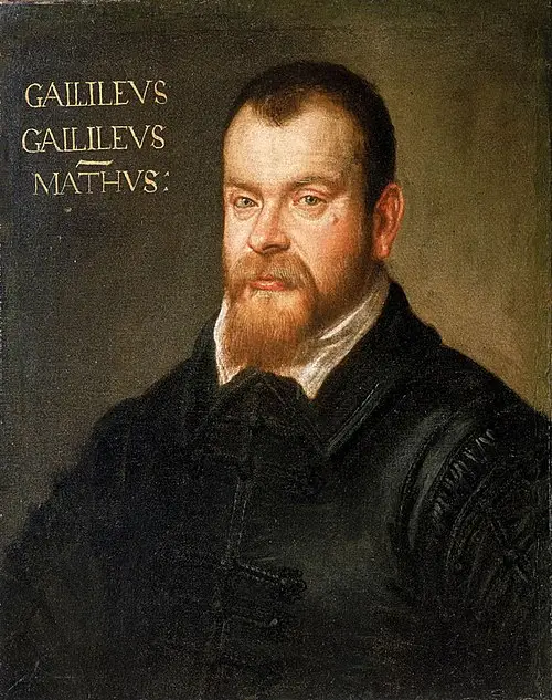 Portrait of Galileo Galilei, the 17th-century Italian mathematician, astronomer, and physicist, depicted as an older man with a full gray beard and mustache, wearing a dark garment with a wide white collar, looking thoughtfully upward and to his left against a dark background