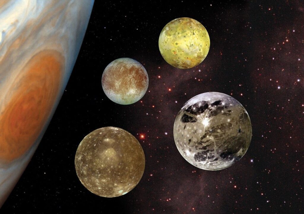 Galileo Galilei's early 17th-century telescope sketch showing four bright dots representing Jupiter's moons—Io, Europa, Ganymede, and Callisto—orbiting the planet, marking the first recorded discovery of celestial bodies orbiting another planet."Here is a concise alt text for an image of Galileo Galilei's observation of Jupiter's moons