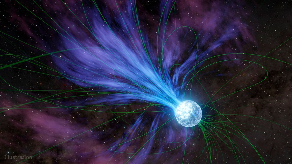 Artist's impression of a magnetar giant flare, showing an intense burst of gamma rays and X-rays erupting from a highly magnetized neutron star. The flare is depicted as a bright, energetic explosion with spiraling magnetic field lines and glowing plasma expanding rapidly into space, illustrating the sudden release of enormous magnetic energy from the star’s surface.