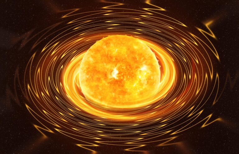 Magnetar Facts: A brilliant yellow-orange magnetar depicted in space, surrounded by swirling, glowing magnetic field lines emitting intense energy, illustrating its extreme magnetic activity and cosmic environment.