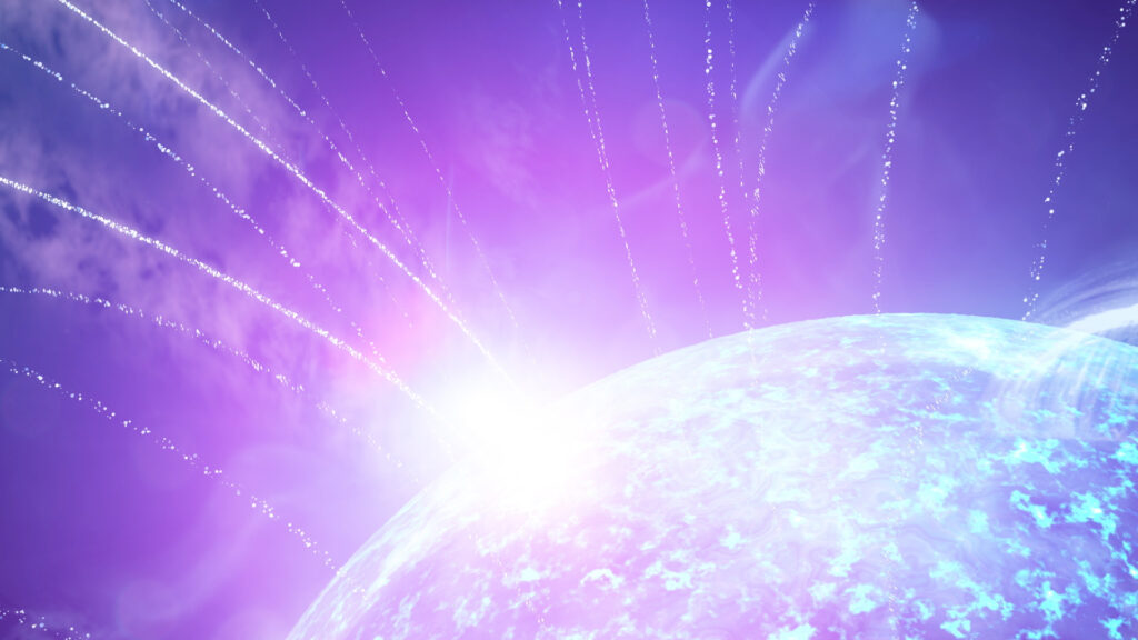 Magnetar Facts: Close-up view of a glowing blue magnetar surface, emitting radiant energy and streams of bright plasma or magnetic field lines arcing outward into a violet cosmic sky.