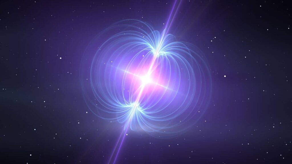 Magnetar Facts: Brightly glowing magnetar at the center of a star field, surrounded by swirling blue magnetic field lines and energetic beams representing intense magnetic activity and cosmic energy bursts.