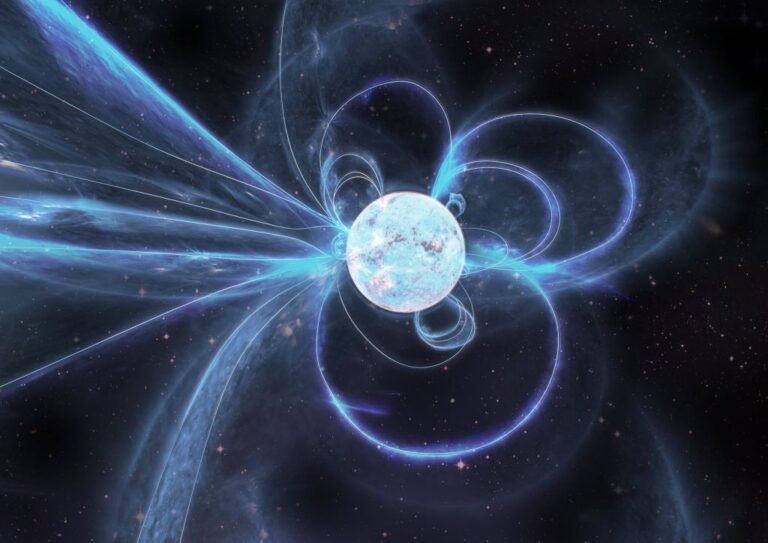 Magnetar Facts: Bright blue-white magnetar in deep space with dramatic, looping magnetic field lines and powerful energetic streams extending from its surface, vividly highlighting extreme magnetic forces.