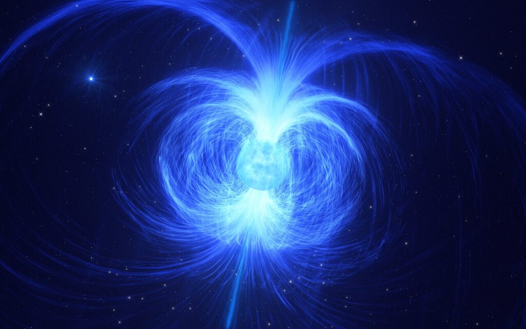 Magnetar Facts: Bright blue magnetar radiating intense light from its core, surrounded by intricate, glowing magnetic field lines that stretch outward into space, vividly illustrating the star’s extreme magnetic environment.