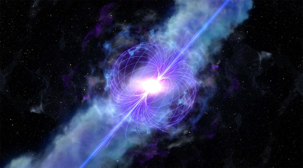 Magnetar Facts: Brilliant violet-blue magnetar at the center, surrounded by intricate magnetic field lines and emitting energetic beams through a cloudy nebula, highlighting its intense magnetic energy in deep space.